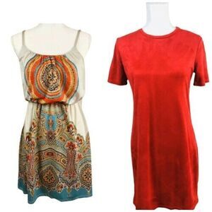 Lot of 2 Zara Trafaluc & Bailey Blue Red Summer Mini Dresses Size Small Casual